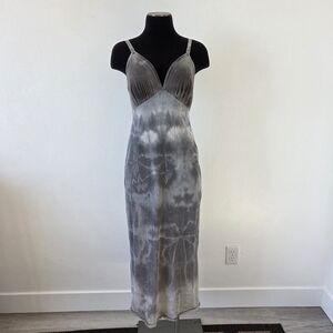 Vintage LeVoy's Silk Slip Dress Maxi Gray Tie Dye 1970s 1980s Lingerie Hippie XS